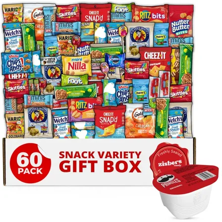 Variety Snack Box for Adults - 60 Count Care Package for Kids, College Students, and Office - Assorted Chips and Treats in a Beautiful Gift Box