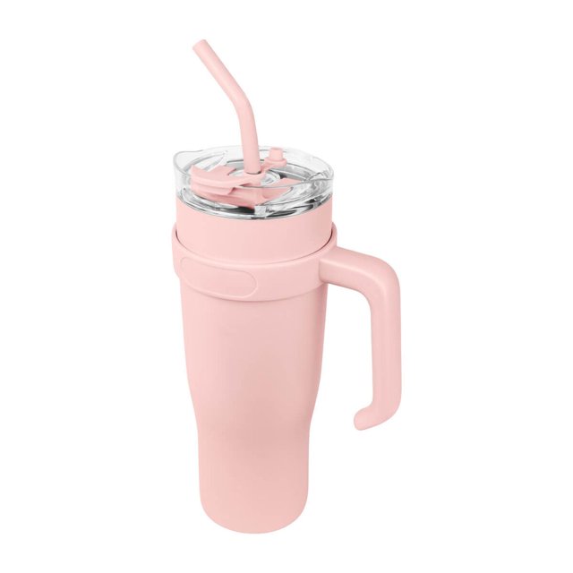 termo promocional de acero inoxidable con gran capacidad y asa ergonómica rosa 16.5 x 27.2 x 10.3 — termo metálico rosa de doble pared con cierre al vacío, asa lateral ergonómica y acabado rugoso; tapa plástica transparente con sistema push y ranura para popote con tapón de silicón; incluye popote metálico con boquilla de silicón, capacidad 1,200 ml (40 oz) y base de 8.2 cm; a menudo usado también para llevar té o infusiones en salidas.