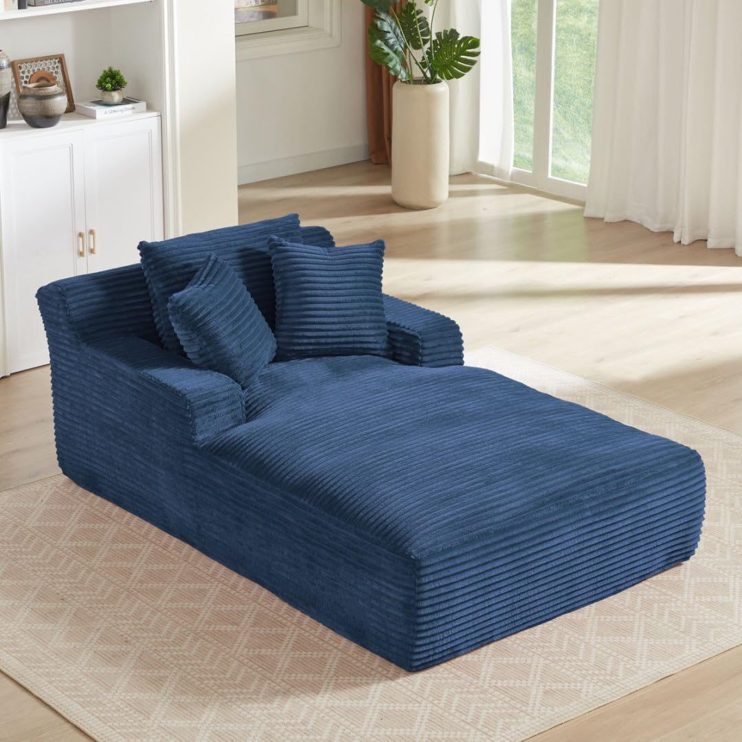 AENKYO 80" Oversized Corduroy Chaise Lounge, Fully Assembled, No Assembly Required, Blue