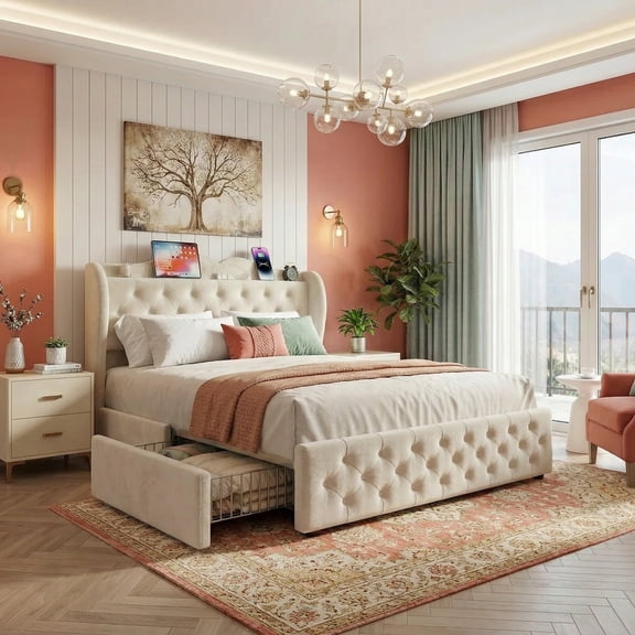 Sailvan Queen Bed Frame with Tall Wingback Headboard,Upholstered Platform Bed Frame with Charging Station, 4 Storage Drawers, Button Tufted, Easy Assembly, No Box Spring Needed, Beige