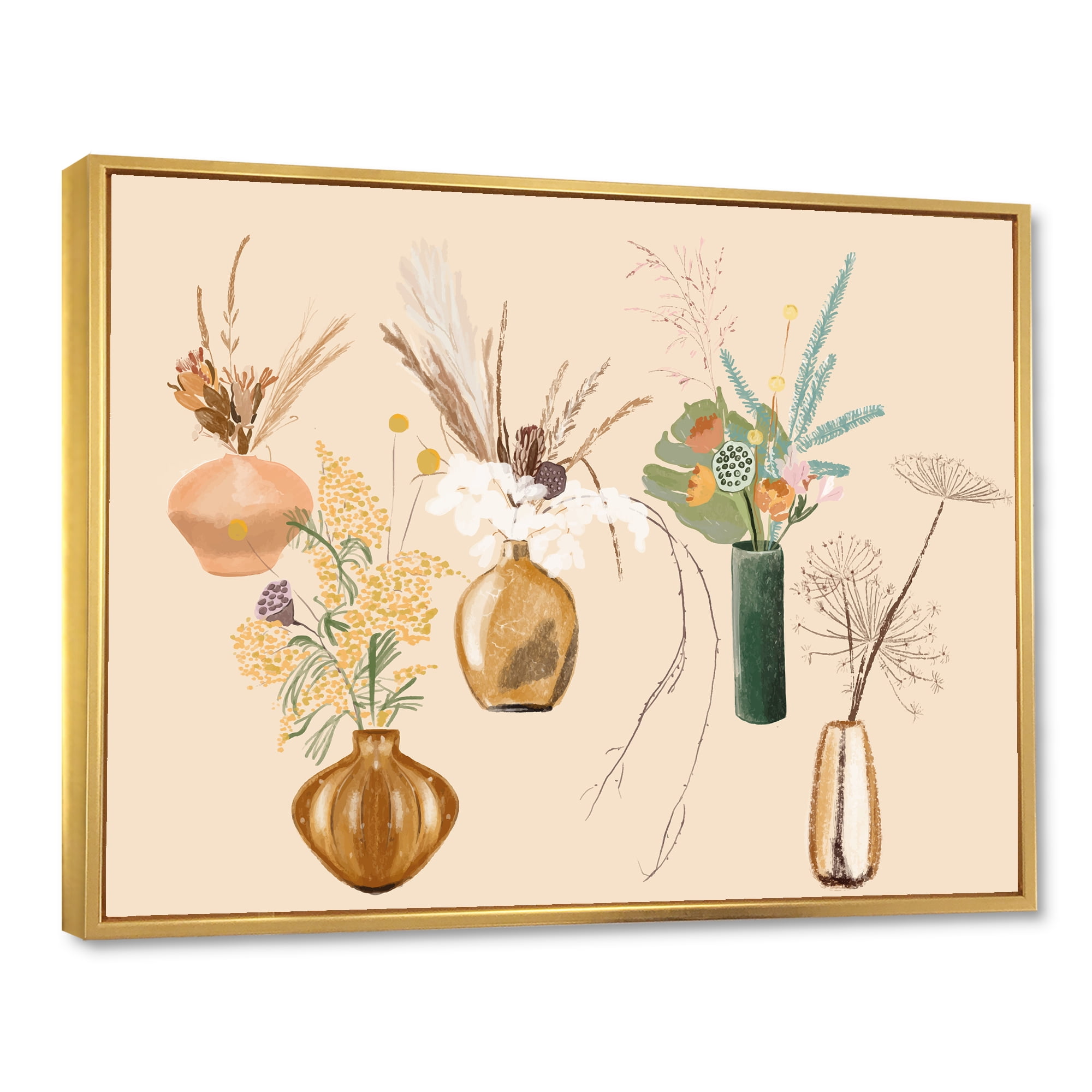 Designart 'Gold Vases With Bouquets Of Wildflowers III' Traditional Framed Canvas Wall Art Print
