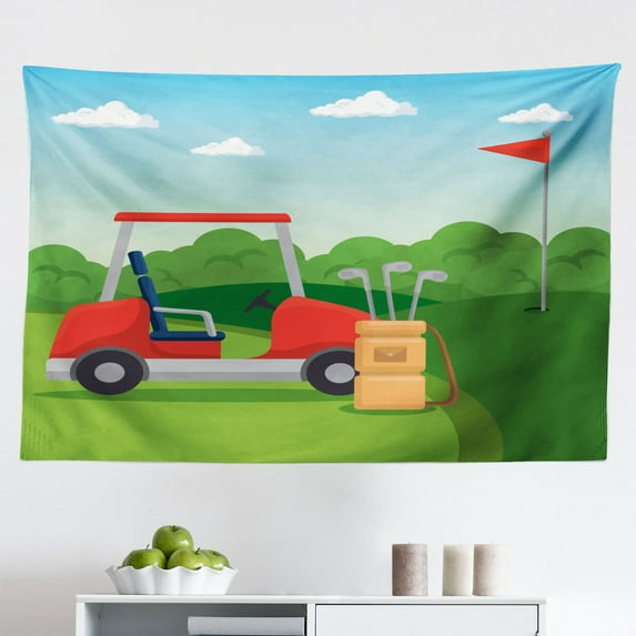 Golf Course Scene Tapestry, Summer Landscape Sportive Hobby with Hills Car Pond and Flags, Fabric Wall Hanging Decor for Bedroom Living Room Dorm, 2 Sizes, Apple Green Multicolor, by Ambesonne