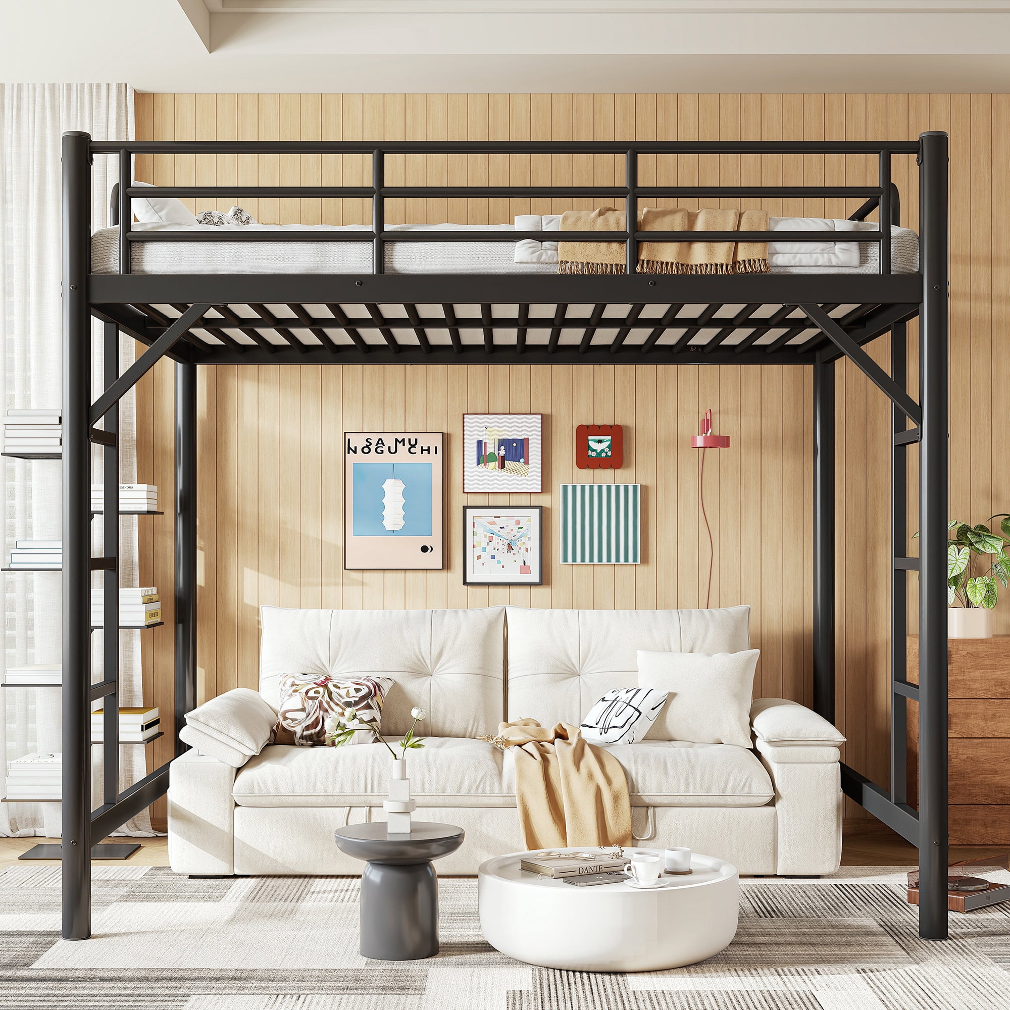 Leumius Full Size Metal Loft Bed,Heavy Duty Metal Bed Frame with 2 Ladders and Full-Length Guardrail,Sturdy Steel Slats Support,