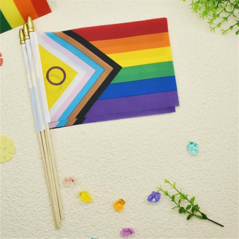 Confezione da 20 piccole bandiere Progress Pride, 21 x 14 cm, bandiere portatili del progresso, mini bandiere gay arcobaleno LGBTQ per parate LGBT all'aperto, decorazioni per feste arcobaleno