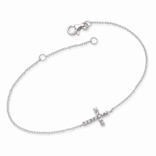 Sterling Silver Sideways CZ Cross Chain Bracelet