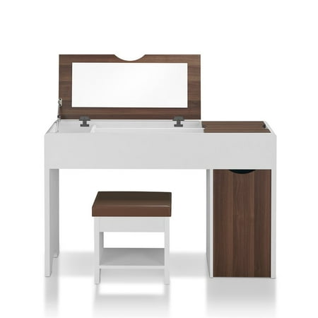 Furniture Of America Caron Vanity Table Set In White And Walnut