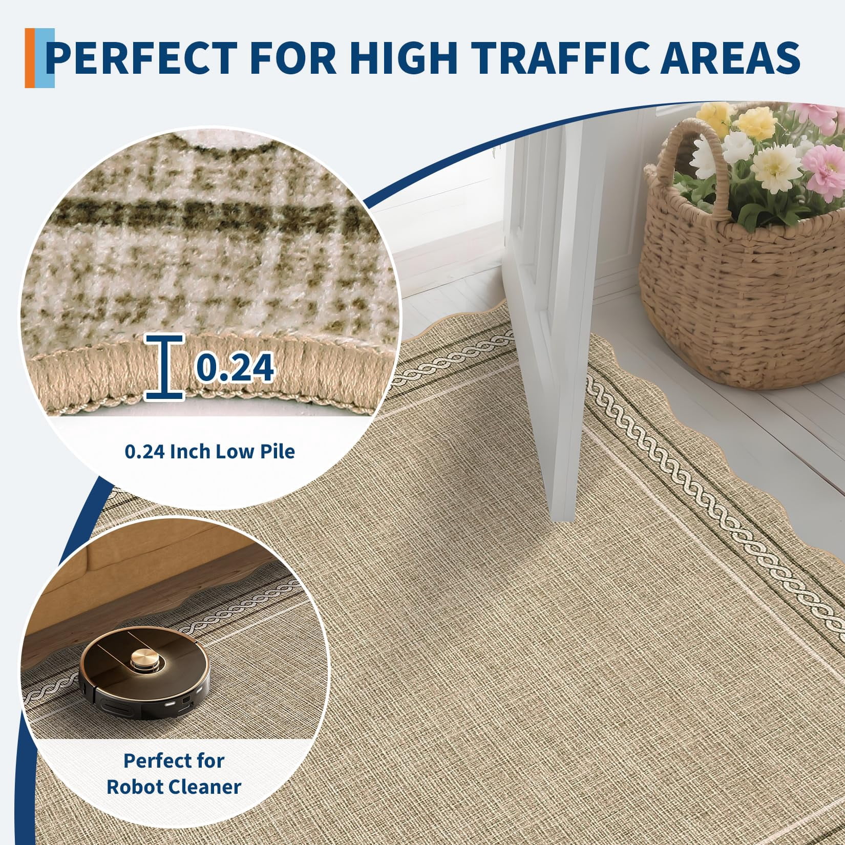 5*7FT Scalloped Washable 5x7 Area Rugs for Living Room, Non Slip Jute Printed Rug Soft Non Shedding Bedroom Rugs Foldable Low Pile Stain Resistant Carpet for Playroom Nursery Dining Room, Jute Gray