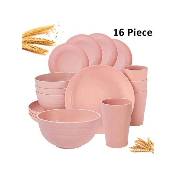 HRWGMUKVBG 16‑Piece Kitchen Plastic Wheat Straw Dinnerware Set, Service for 4, Dinner Plates, Dessert Plate, Cereal Bowls, Cups, Unbreakable Colorful Plastic Outdoor Camping Dishes.