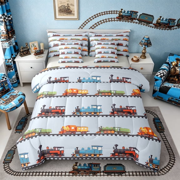 Castle Fairy Cartoon Vintage Train Twin Bedding Sets 7-Piece for Kids, Colorful Locomotive Bedding Comforter Set for Bedroom, Blue Red Green,Grey Reversible