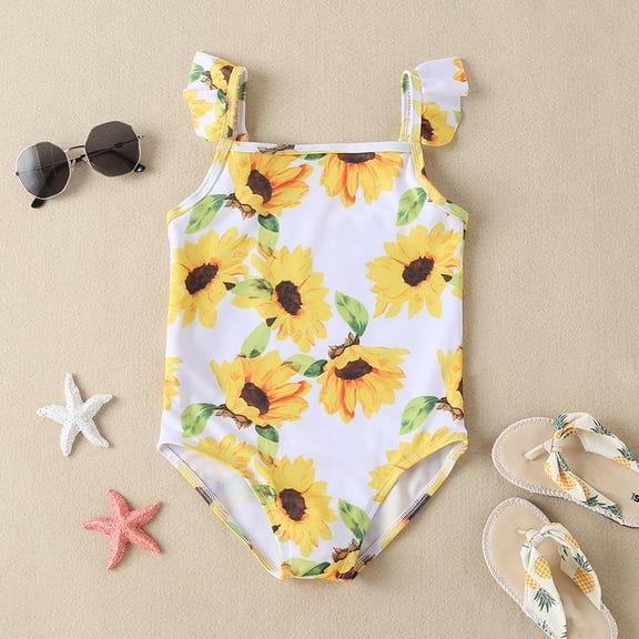 Toddler Girl Swimsuit One Piece Sunflower Print Square Neck Sleeveless Ruffle Spaghetti Straps for Vacation Girls Bathing Suits White 4 Years-5 Years