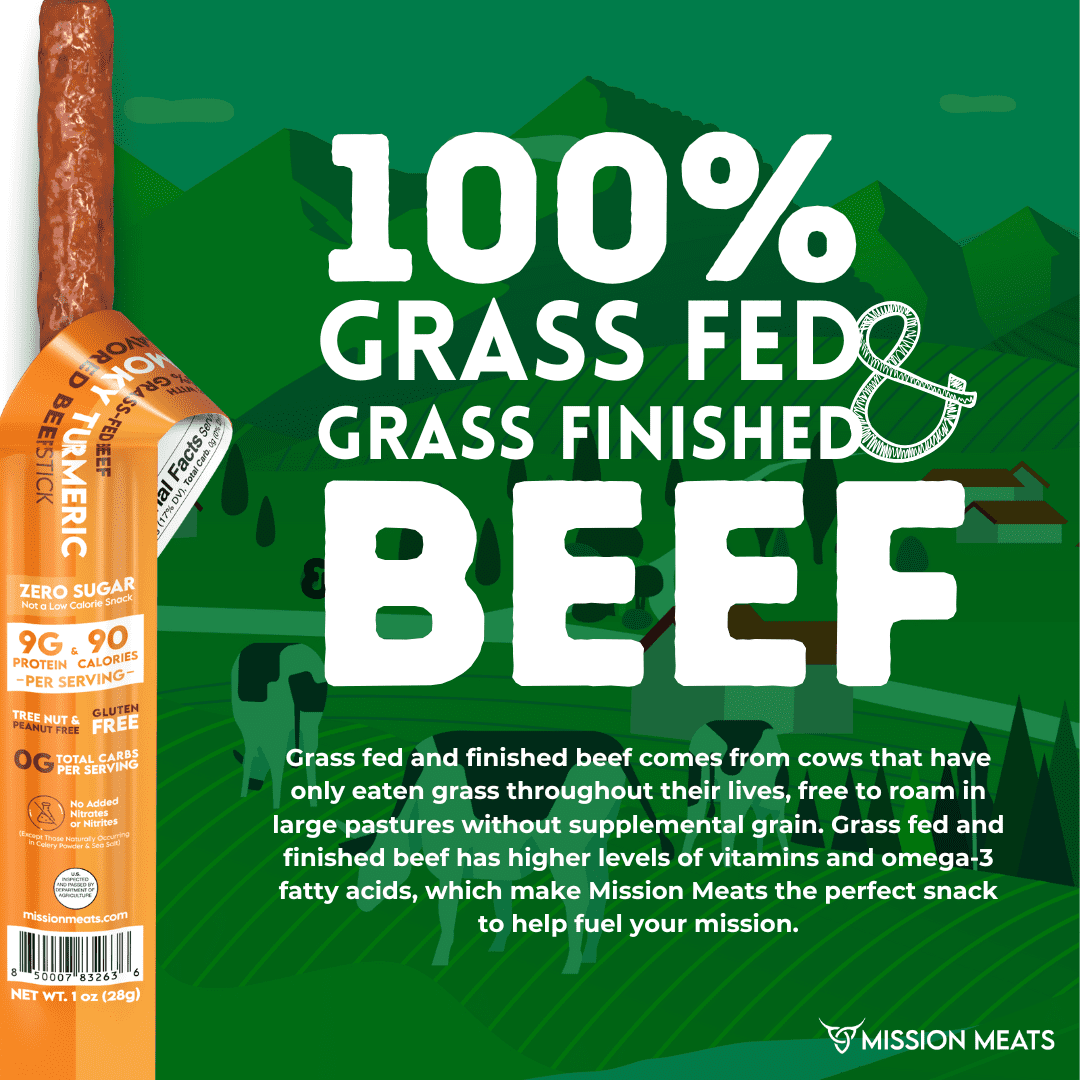 Mission Meats Beef Sticks – 100% Grass Fed & Pasture Raised, Sugar Free, Individually Wrapped Healthy Snacks, Whole 30 & Paleo Friendly, Smoky Turmeric 1oz (Pack of 12)