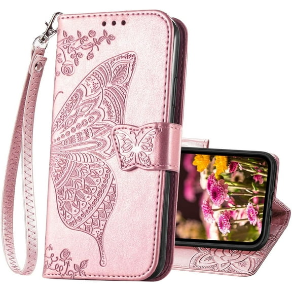 for iPhone 16 Plus Case Wallet for Women,Flip Folio Butterfly Embossed PU Leather Stand Card Holder Slots Wrist Strap Protective Phone Cover for iPhone 16 Plus (Glod Rose)