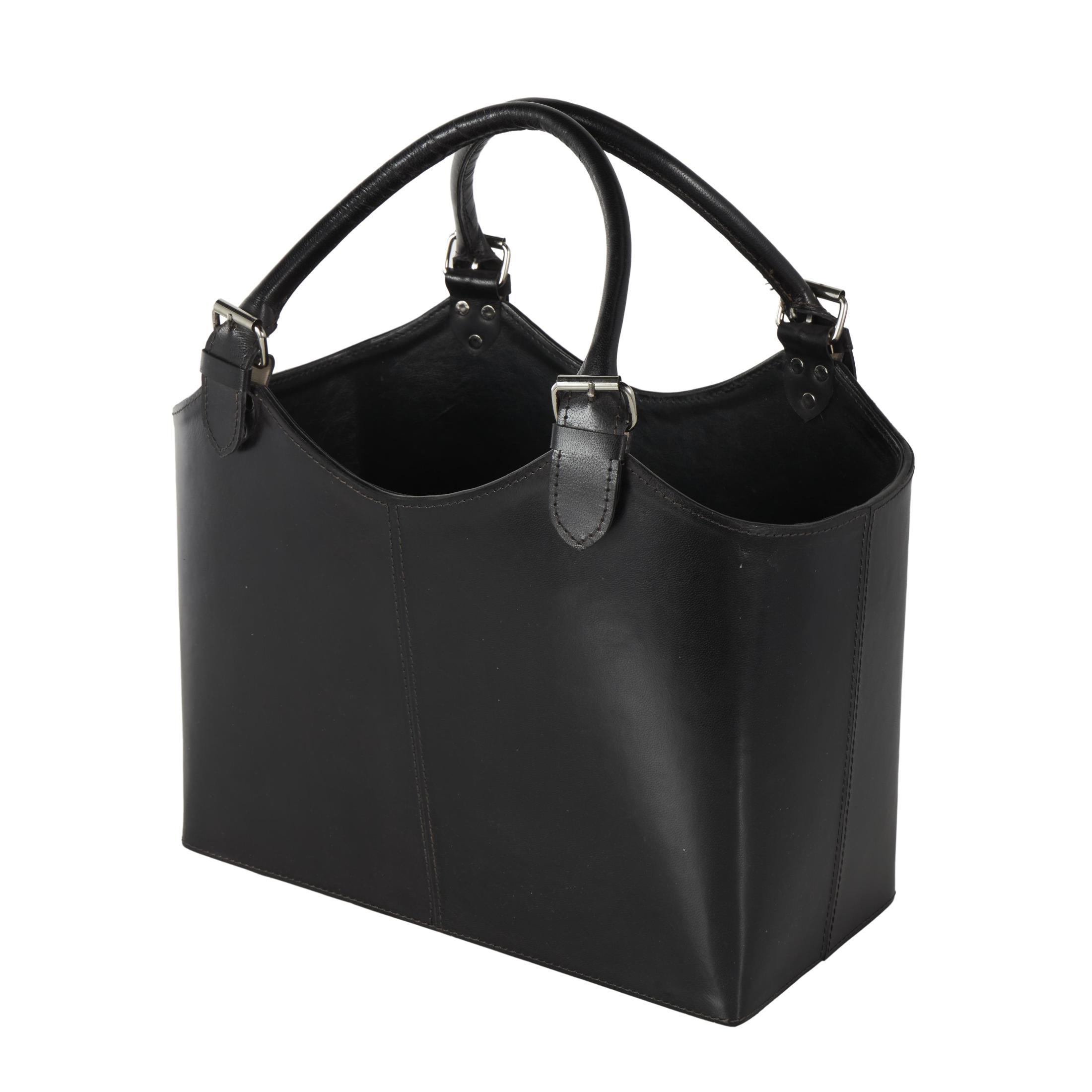 DecMode 18" Black Leather Handmade Box Style Magazine Holder with Detail Stitching and Curved Buckle Handles