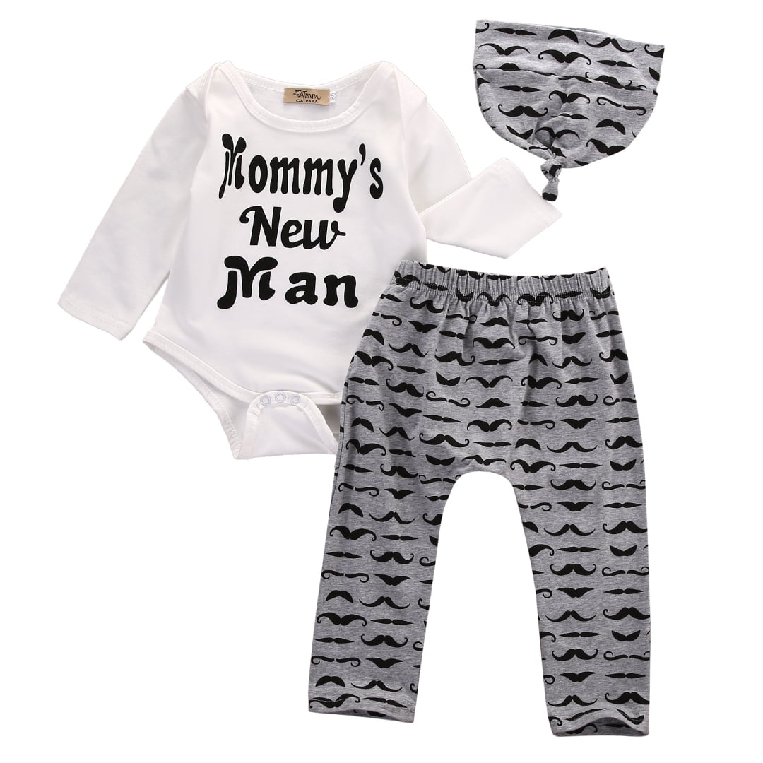 Long Pants+Hat 3PCS Outfits Newborn Baby Boy Clothes Letter Print Romper Tops 