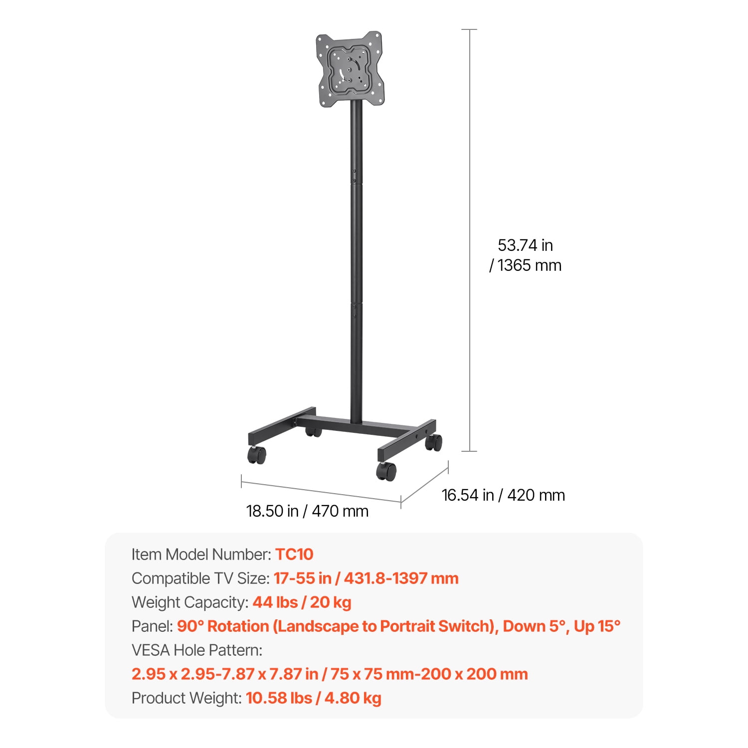 KFFKFF Rolling TV Stand, Mobile Cart for 17-55 Inch Screens, Adjustable Orientation, Portable Stand with Wheels Supports up to 44 lbs for Home, Office, Outdoor Use, Max VESA 200x200mm