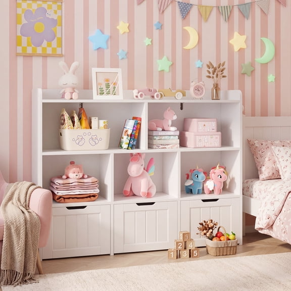 Noelse 47'' Kids Toy Storage Cabinet with 3 Movable Drawers and Bookshef, Nursery Playroom Storage Furniture Toy Box with bookshelf for Kids Room Organizer, White