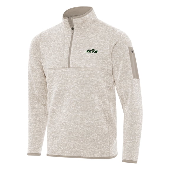 Men's Antigua Oatmeal New York Jets Fortune Quarter-Zip Pullover Jacket