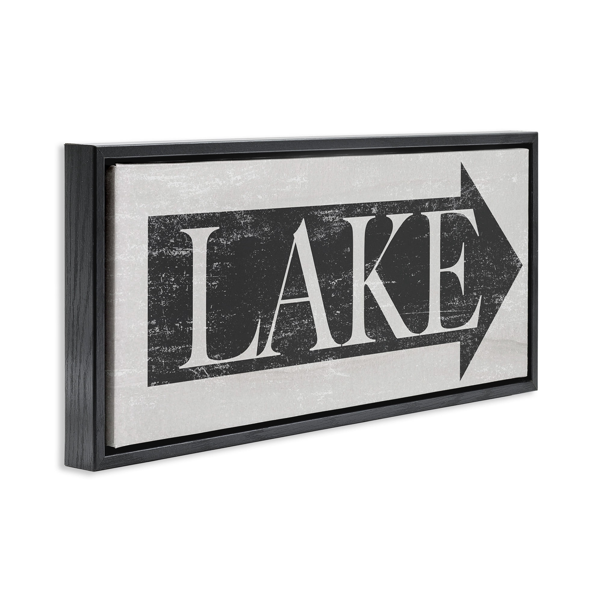 Stupell Industries Distressed Lake Arrow Sign Nature Painting Black Floater Framed Canvas Art Print Wall Art, 25 x 11