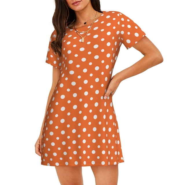 Saiise Chemise de Nuit à Pois Orange et Blanc pour Femmes Manches Courtes Col Rond Mignonne Robe de Nuit Confortable