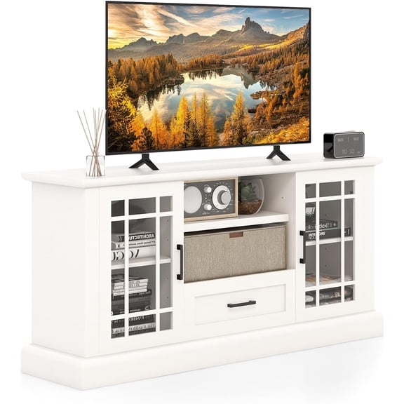 70" TV Stand, Farmhouse Wood TV Cabinet Entertainment Center, Glass Doors Cubbies and Drawer, White