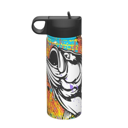 

KLL Fishing Bass Pattern 18OZ Water Bottle With Straw Stainless Steel Sports Water Cup Flask Sports Water Cup Flask Wide Mouth Travel Thermal Mug