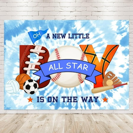 Sports Baby Shower Backdrop Photography Boys Football Baseball Basketball Blue Tie Dye Background A New Little All Star is On The Way Party Decorations Banner Photo Booth Props Supplies