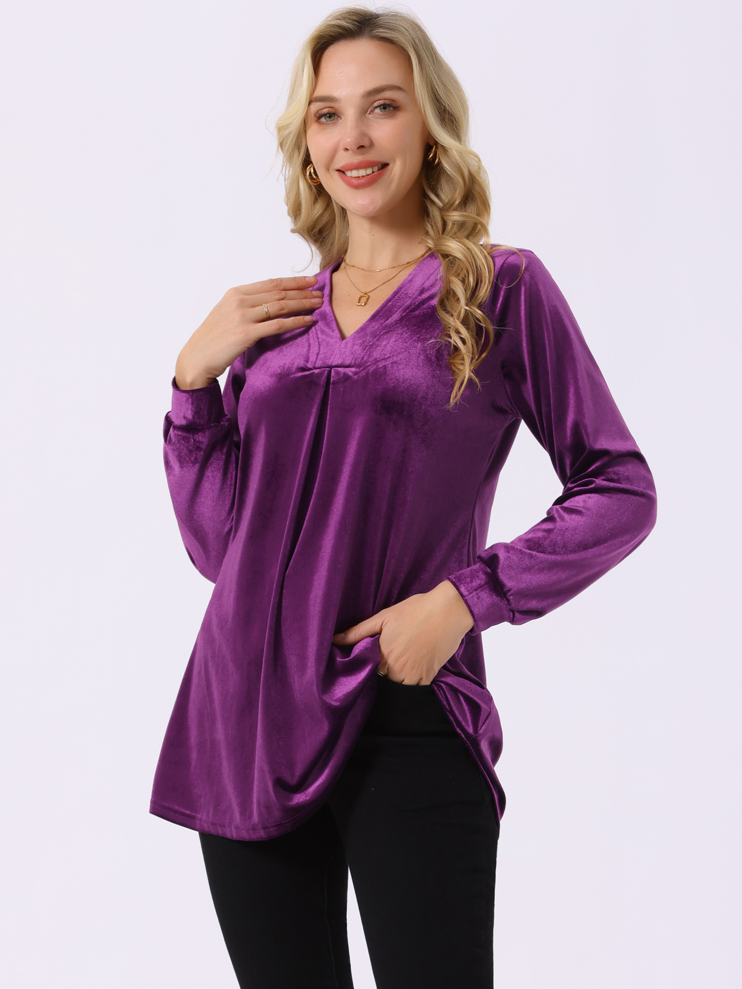 DARING DIVA Women's Velvet Top V Neck Long Sleeves Loose Blouse S Purple