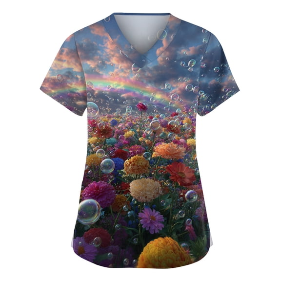 Cloud Printed Scrubs For Women Vneck Medical Scrub Tops Short Sleeve Stretch Nurse Uniform Fashion Scrub Tops With Pocket Blue L