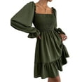thumbnail image 3 of Women'S Square Neck Lantern Long Sleeve Ruffle Shirred Flowy Party Mini Dress Army Green XXL, 3 of 10