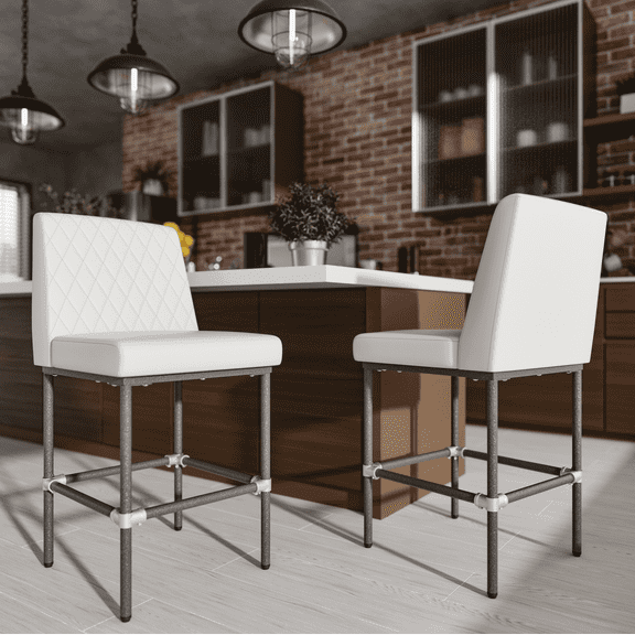 Genpo Counter Height Bar Stools Set of 2, 26" Industrial Kitchen Counter Height Stools with Back, White Leather Barstools with Padded Seat and Painted Metal Frame for Kitchen Island