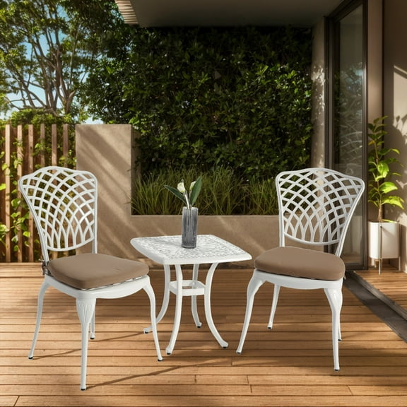 Patio Furniture Sets Bistro Set 3 Piece Rustproof Cast Aluminum Patio Furniture Sets 2 Chairs and 1 Round Table Outdoor, Garden, Patio, Balcony, with cushion white,Outdoor Furniture Sets