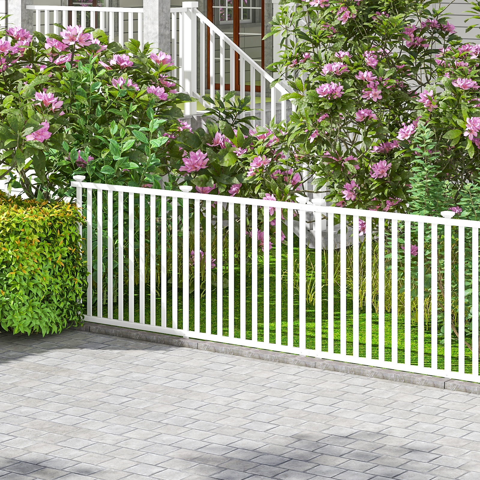 Patiojoy Garden Decoration Fence Pack of 2 Vinyl Picket Panels with Sharp Ground Stakes Protective Caps PVC Slatted No Dig Fence