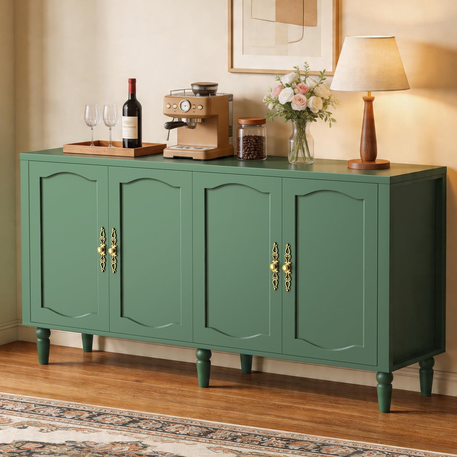 Amlancher 63 Mid Century Modern Sideboard Buffet Cabinet with Storage Adjustable Shelf & 4 Doors Credenza for Dining Room Green