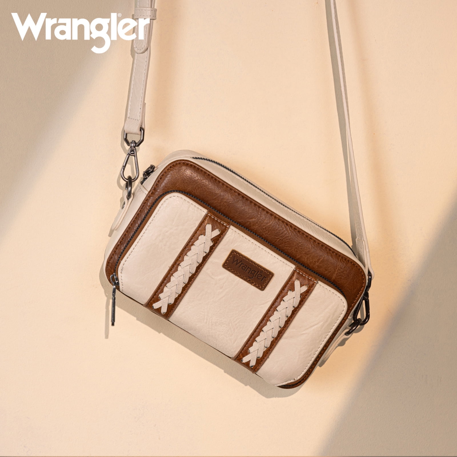 Wrangler Crossbody Bag for Women Vegan Leather Western Shoulder Purse Small Multi Pocket Crossbody Wallet Purse Crossover Bags with Adjustable Strap, Begie