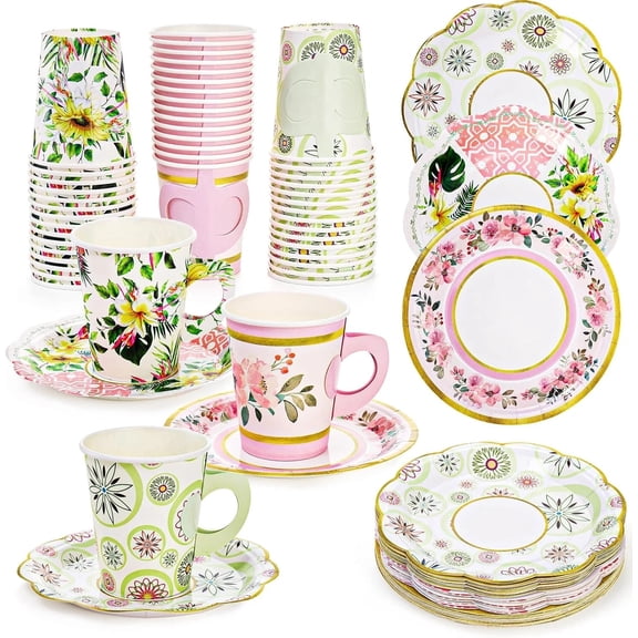 96Sets Blossom Party Paper Tea Cups and Saucer Disposable 9 ounces, Pink