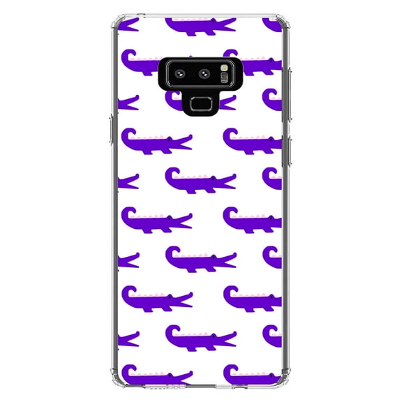 DistinctInk Clear Shockproof Hybrid Case for Samsung Galaxy Note 9 - TPU Bumper, Acrylic Back, Tempered Glass Screen Protector - Purple White Alligators - Cartoon Alligators