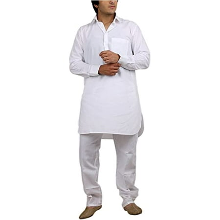 

Men s White Cotton Blended Fine Pathani Kurta Pyjama Set By Royal Kurta