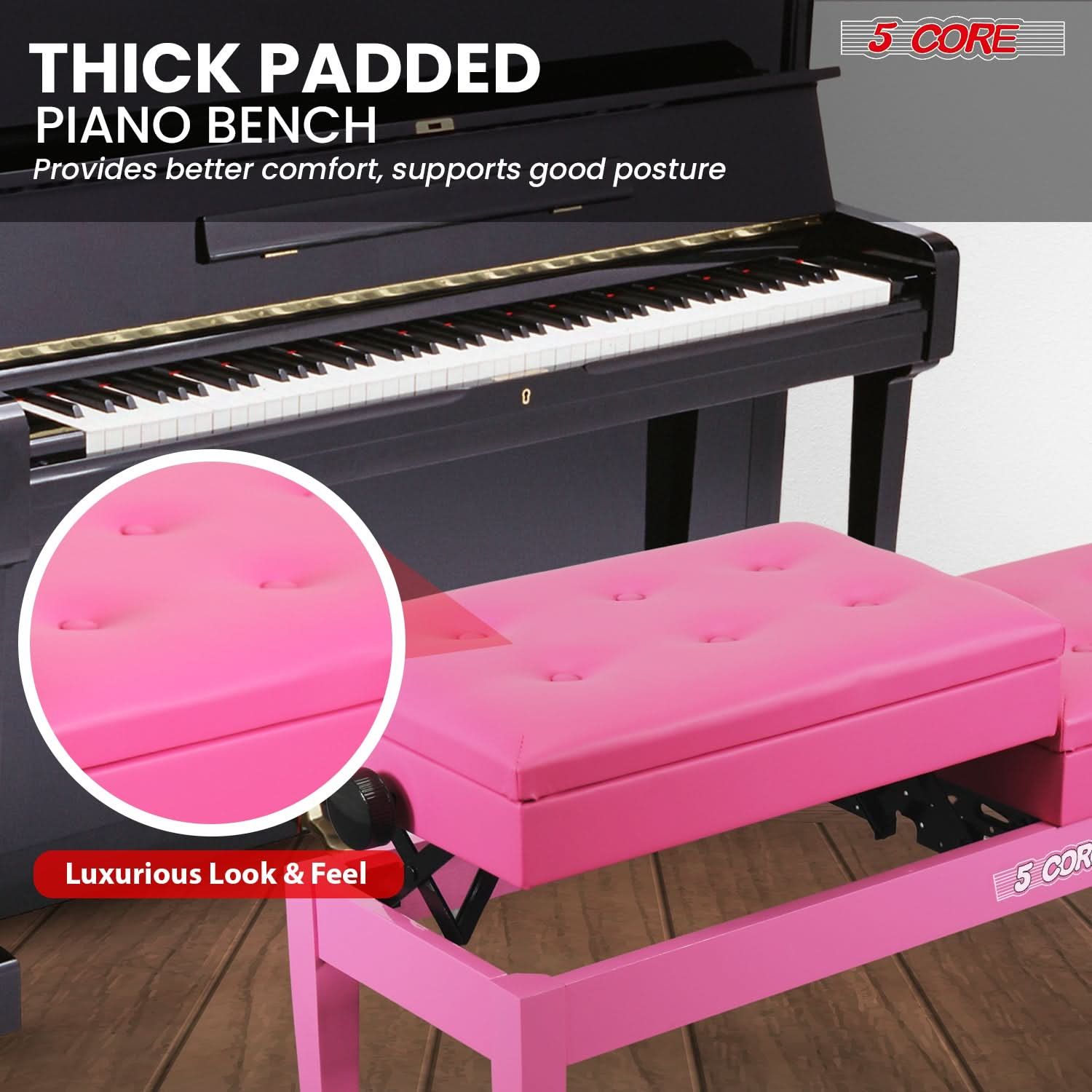 Duet Piano Bench 3.5 Inch Padded Stool with Storage | Adjustable Height Wooden Keyboard Seat | Spill-Resistant Cherry Finish | Heavy Duty Musician Chair for Double Keyboard