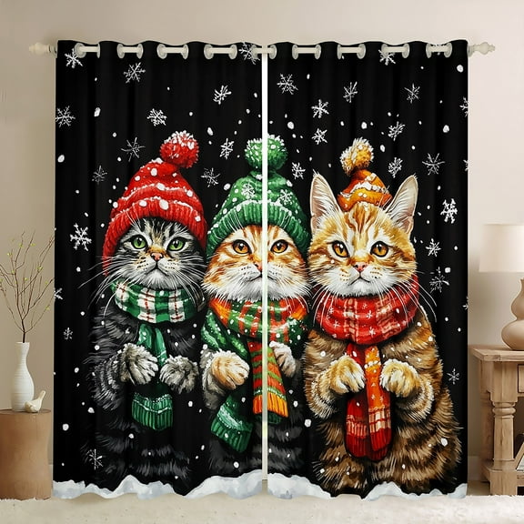 jejeloiu Cute Cat Blackout Curtains,Merry Xmas Curtains Pack of 2 (38x45 Each),Lovely Pet Kitten Window Curtains For Girls Boys,Breathable Bedroom Decor