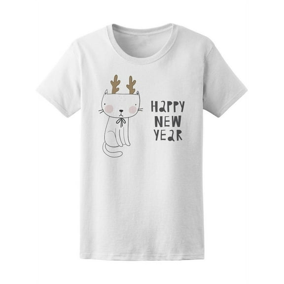 Happy New Year Cat With Antlers T-Shirt Women -Image by Shutterstock, Female XX-Large