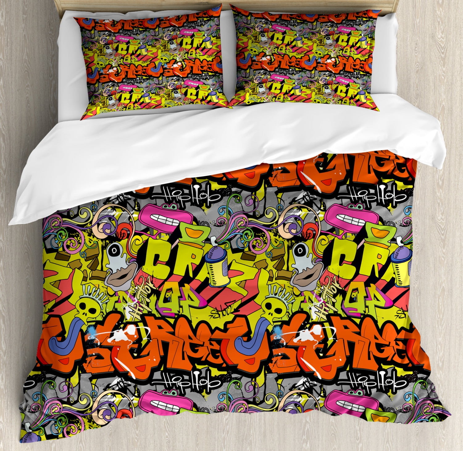 Graffiti Duvet Cover Set King Size, Contemporary Style Hip Hop Funky