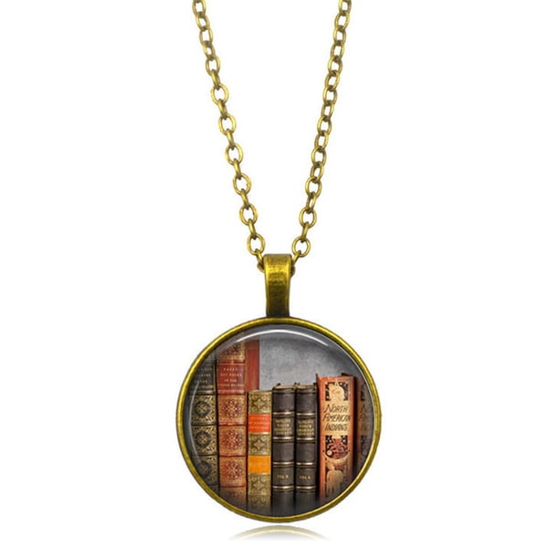 Collar para mujer, joyería para mujer, joyería vintage para mujer, collar de moda con colgante de biblioteca y libros, collar de hojas.