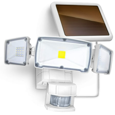 Home Zone Security Solar Motion Sensor Light - Outdoor Weatherproof Triple Head Security Flood Light, White