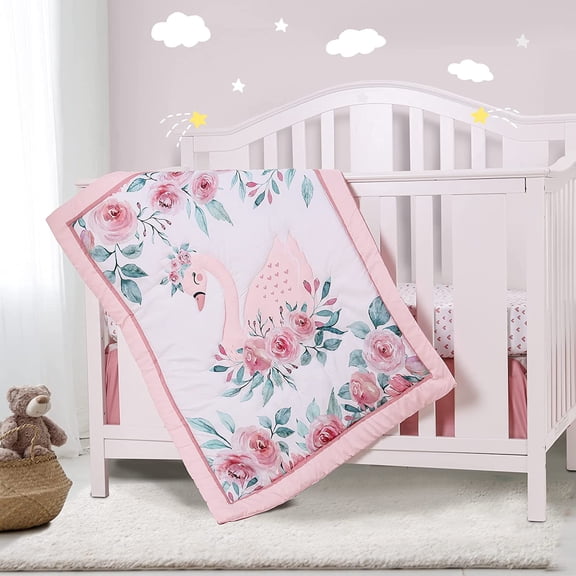 Sweet Baba Swan Crib Bedding Sets for Baby Girls , 3 PC Pink & White Crib Set Including Crib Quilt/Crib Skirt/Crib Sheet
