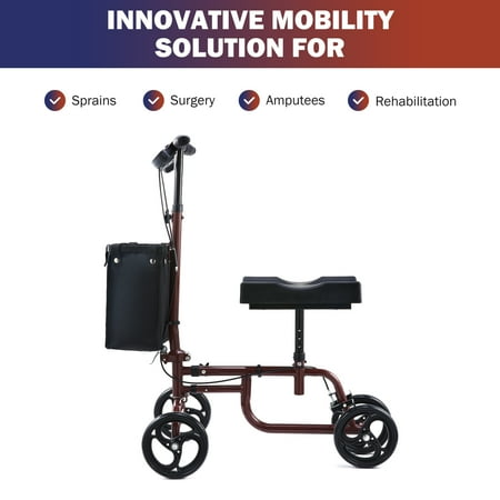 PREENEX Knee Scooter with Ergonomic Kneeling Pad, Folding Steerable Knee Walker Scooter with Dual Brakes for Adults and Kids,300lb, Red