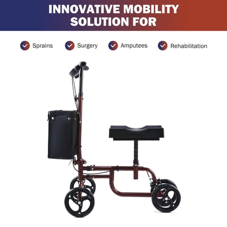PREENEX Knee Scooter with Ergonomic Kneeling Pad, Folding Steerable Knee Walker Scooter with Dual Brakes for Adults and Kids,300lb, Red