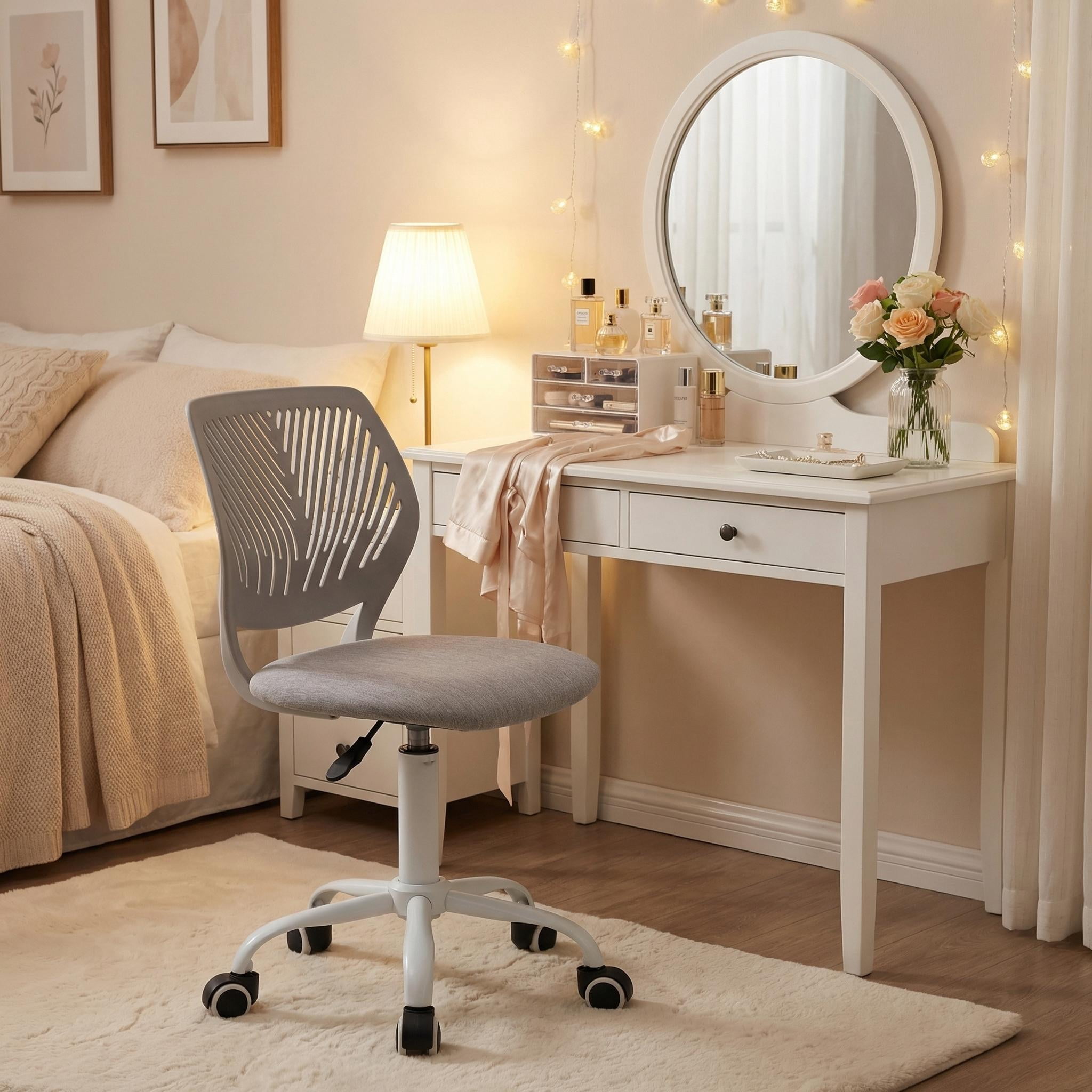 Homy Casa Teen Desk Chair, Adjustable Swivel Mesh Back Vanity Chair for Bedroom Study, Gray