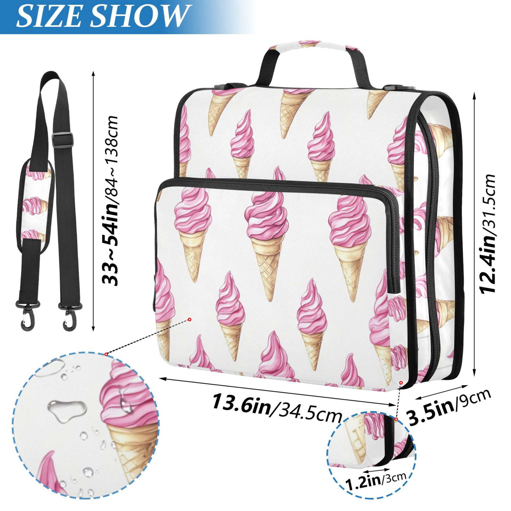 FORMRS Zipper Binder with Shoulder Strap 2-inch Ring 500 Sheet Capacity File Bag, Pink Cartoon Ice Cream