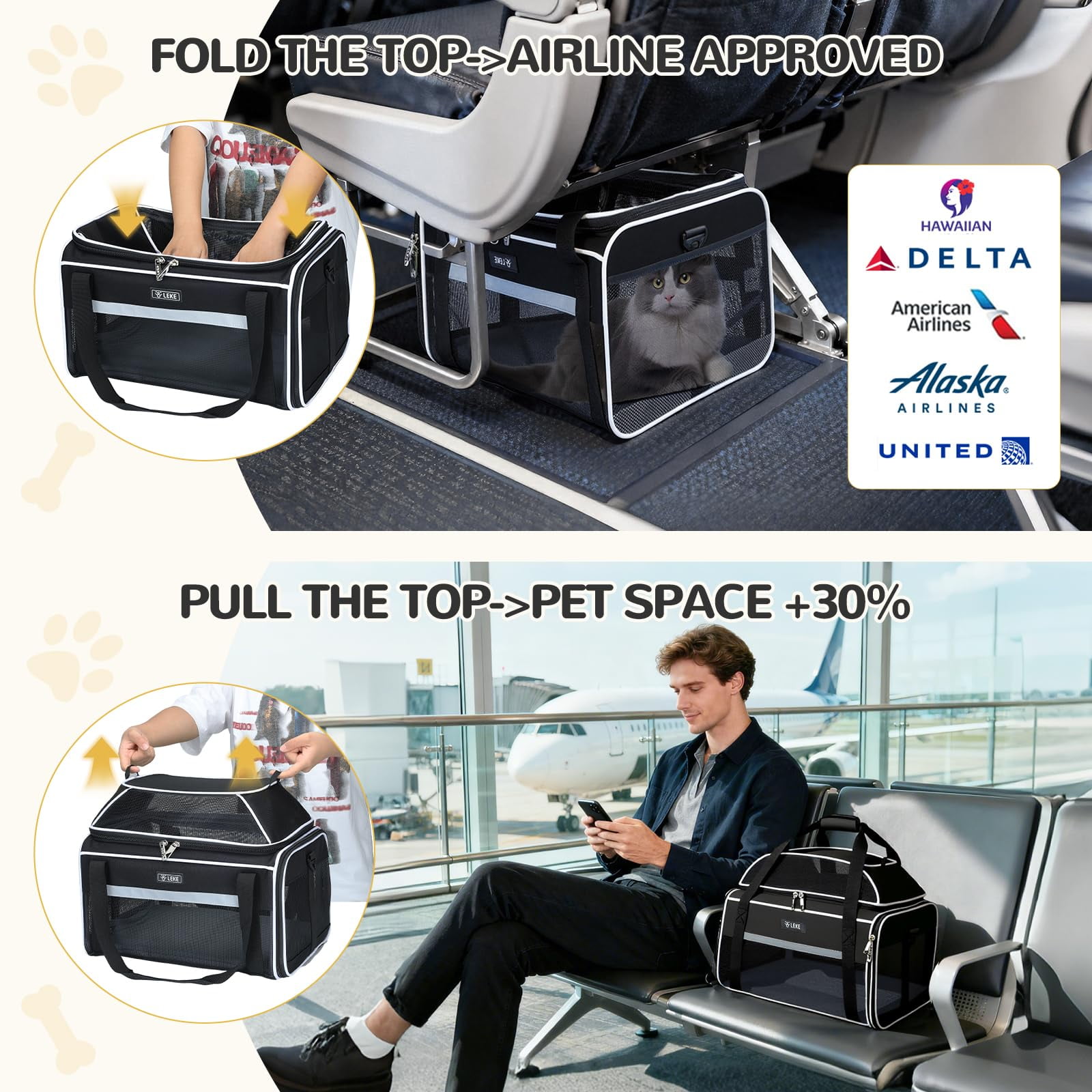 Top-Expandable Pet Carrier 17x11x9.5 Inch Alaska Hawaiian Airline Approved Soft Sided Underseat to 12lbs Travel Carriers for Small Cats and Dogs with Locking Safety Zippers Anti-Scratch Mesh