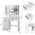 thumbnail image 2 of Vanity Desk with Mirror with Lights, Makeup Vanity with LED Ligted Mirror, Vanity Table Set with 5 Drawers and Stool, Shelves, Vanity Makeup Table with Mirror for Bedroom, White, 2 of 7